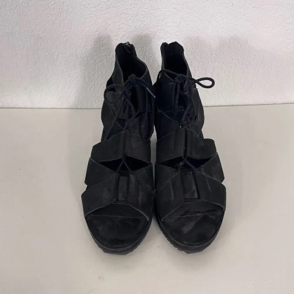 Eileen Fisher Black Cut Out Lace Up‎ Wedge Sandals